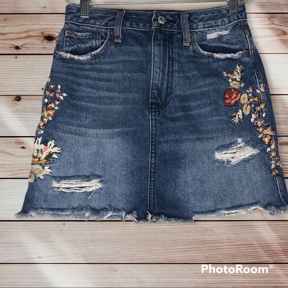 Abercrombie & Fitch Blue Denim Mini Skirt with Floral Embroidery